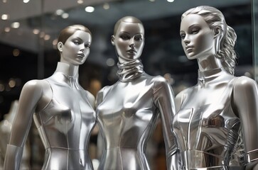 Shiny female mannequins in silver dresses at the clothes store. AI generated