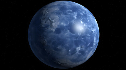 a rendered planet with blue shiny material on the surface