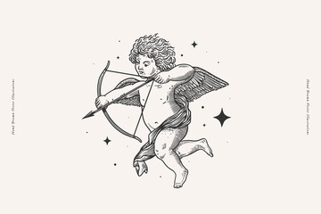 Naklejka premium Beautiful Amur in the stars, shooting an arrow of love. Cupid, the god of romance and passion, on a light background. Antique mythological hero in engraving style.