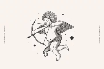Fotobehang Beautiful Amur in the stars, shooting an arrow of love. Cupid, the god of romance and passion, on a light background. Antique mythological hero in engraving style. © KOSIM