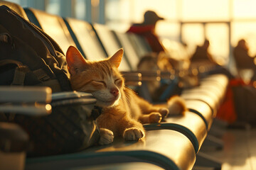sleeping orange cat in the airport - Powered by Adobe