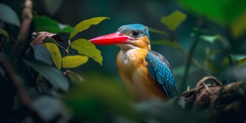 A Stork billed Kingfisher perched among branches, partially obscured by foliage.