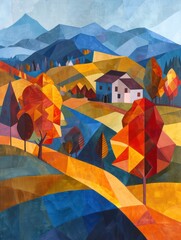 Origami-inspired cubist painting depicting a rural landscape, ideal for wall art, printing design, and wallpaper.
