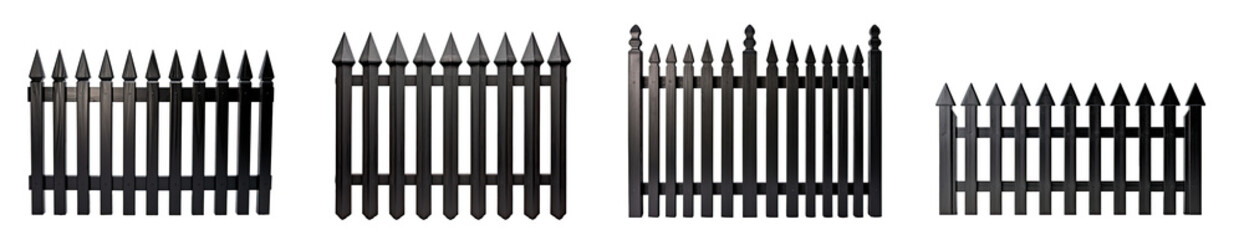 repeatable black garden metallic fence, iron gate,  isolated on a transparent background (PNG cutout or clipping path).	
