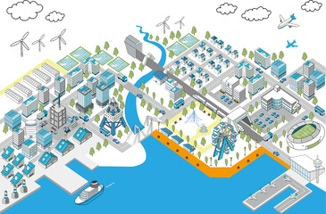 アイソメトリック・港町のジオラマイラスト港町（白背景）