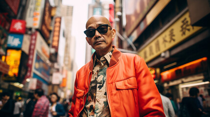 Fototapeta premium street style, man, asian, street, city, smiling, lifestyle, sunglasses, handsome, night, outdoors, guy, model, standing, hong kong, man, male, 60 years