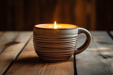 Obraz na płótnie Canvas Ceramic mug on wooden table with candle flame. Generative AI