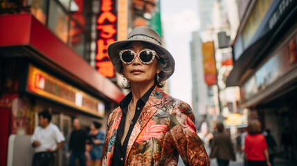 street style, asian, street, city, smiling, lifestyle, sunglasses, handsome, night, outdoors, model, standing, hong kong, woman, 50 years, fashion, smile, person, beauty, shopping, hair, face, looking