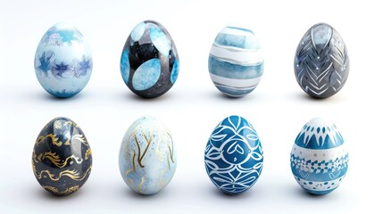 pattern of two rows of blue and grey painted decorated easter eggs isolated on a white background, Easter holiday