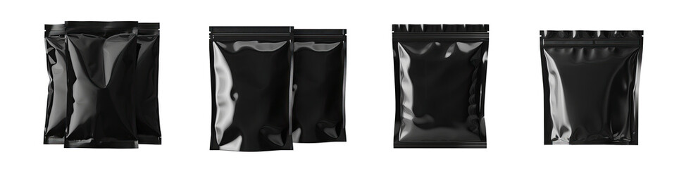 Set of black blank aluminum foil food packing bags , product design mockup ,isolated on a transparent background. PNG, cutout, or clipping path.