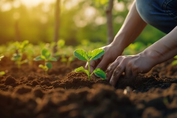 Close up of a person hands planting seedlings in soil at sunrise with a forest in the background.