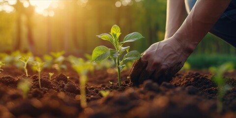 Close up of a person hands planting seedlings in soil at sunrise with a forest in the background. - obrazy, fototapety, plakaty