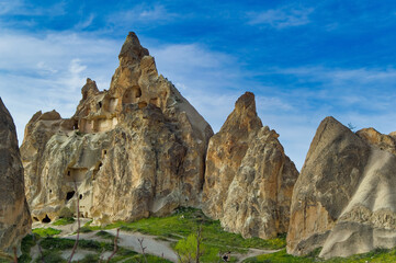 Typical Cappadocia landscape soft volcanic rock, shaped by erosion in Goreme, Turkey.