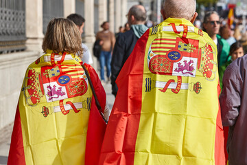 Fototapeta premium Demonstration in Spain with spanish flags. Protest. Crowd in Madrid