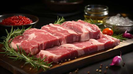 Fototapeta premium Pork is a cooking that everyone likes to eat, but fresh pork is They are rarely eaten. Mostly it is made into fresh pork steak that makes you feel hungry to cook in the kitchen. The organic