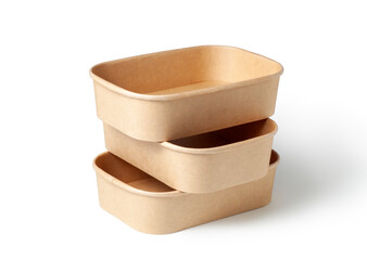 Three disposable kraft paper boxes isolated on white background