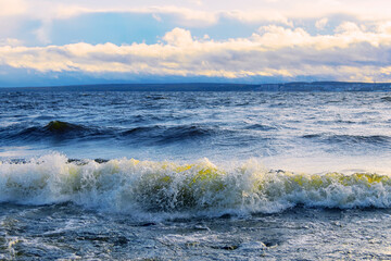Landscape of the water surface of the lake during a stormy strong wind.