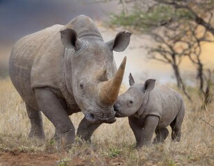 Obraz premium Madame Rhinocéros protège son petit 
