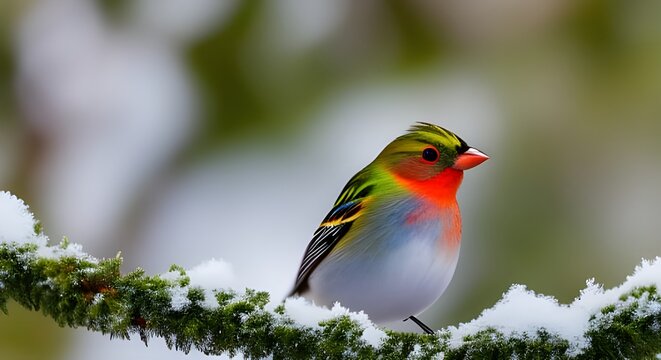 photography of snow on painted bunting bird at the winter forest tree, Generative AI