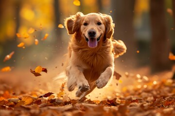 Golden retriever running joyfully through autumn leaves