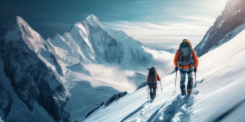 Two hikers ascending a snowy mountain range - obrazy, fototapety, plakaty