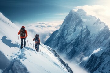 Fototapeta na wymiar Two hikers ascending a snowy mountain range