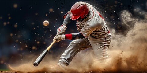 Baseball player hitting a ball with dust flying around - obrazy, fototapety, plakaty