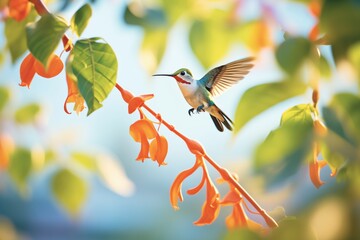 hummingbird feeding from a trumpet vine in a vibrant yard - obrazy, fototapety, plakaty