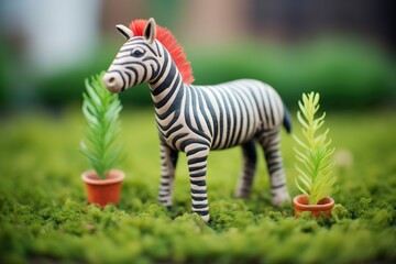plasticine zebra with black and white stripes standing on grass - Powered by Adobe