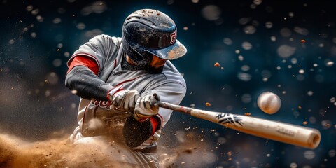 Baseball player hitting a ball with dust flying around - obrazy, fototapety, plakaty