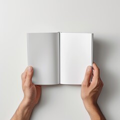 overhead view of hands holding a blank book on white background