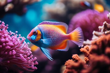 Fototapeta na wymiar Tropical fish swimming in an aquarium with coral