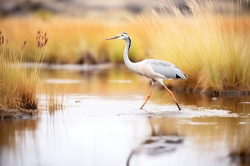 Fototapeta premium a heron walking through a marsh with reeds in the background