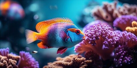 Naklejka na ściany i meble Tropical fish swimming in an aquarium with coral