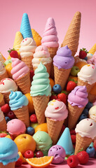 Fototapeta na wymiar Colorful ice cream cone with candy and fruits