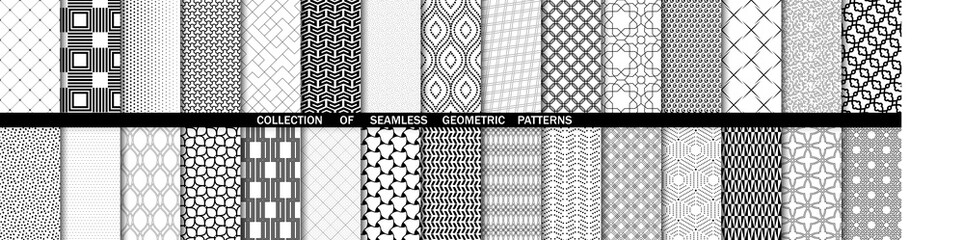 Set of seamless geometric patterns for your designs and backgrounds. Geometric abstract ornament. Modern black and white ornaments with repeating elements