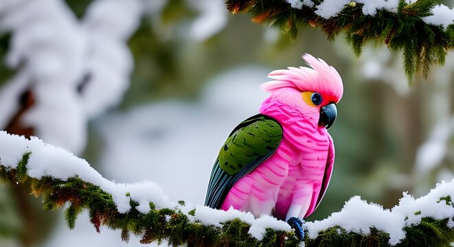 photography of snow on pink cockatoo bird at the winter forest tree, Generative AI