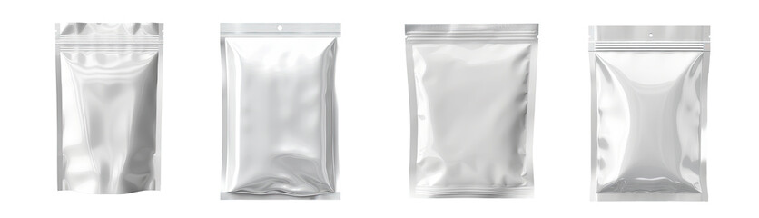 Set of aluminum blank foil food pack bag packaging collection illustration isolated transparent background, . PNG, cutout, or clipping path.	
,  - Powered by Adobe
