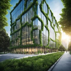 Office building with green environment. Eco-friendly building in the modern city. Sustainable glass office building with trees for reducing heat and carbon dioxide. - obrazy, fototapety, plakaty