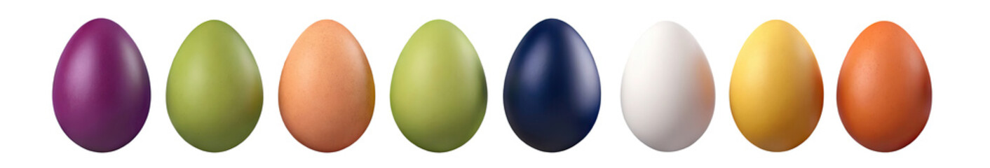 Colored Easter eggs isolated on white background, banner. Easter eggs painted in different colors. PNG, cutout, or clipping path.	
