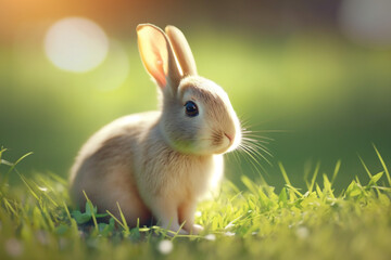 Fototapeta premium A cute rabbit portrait captured in the soft morning light of nature.