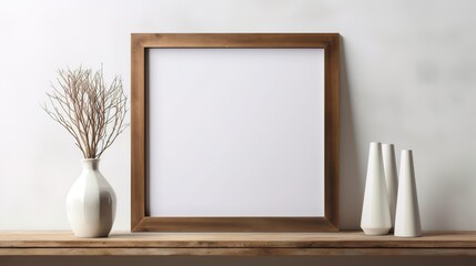 Fototapeta na wymiar Blank frame on white background mockup. Wooden frame on a wooden shelf or table with vases and plants beside. Generative AI. 