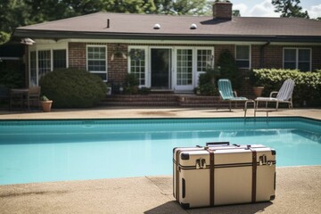 a rolling suitcase placed in front of a house with a pool. Generative AI
