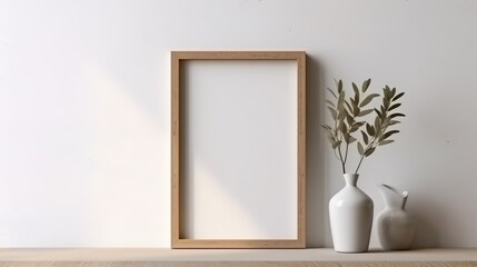 Blank frame on white background mockup.  Wooden frame on a wooden shelf or table with vases and plants beside. Generative AI. 