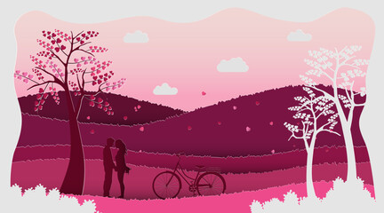 Lovely couple design in soft pink background with bicycle.Paper art style