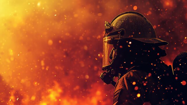 A fire-fighting background with ample copy space for text, showcasing a fire effect, a firefighter in full uniform, fireproof clothing, personal protective equipment, and an oxygen cylinder