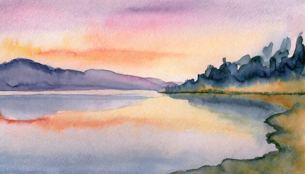 Watercolor Art Painting: Lakeshore Simplicity, Ripples Play Softly at Dusk