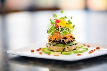 open-faced black bean burger with sprouts