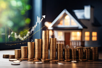 Home Investment Growth. Model house, stacked coins, and upward arrow on virtual screen. Financial planning for real estate. Symbolizing business, home value growth, and price inflation.