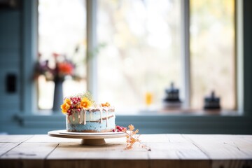 cake on rustic wood table, natural light - obrazy, fototapety, plakaty